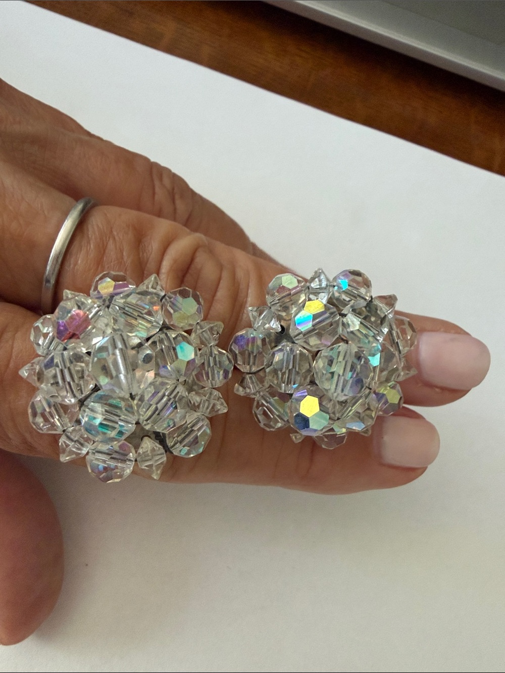 Crystal Aurora Bead Cluster Clip-On Earrings - Clear
